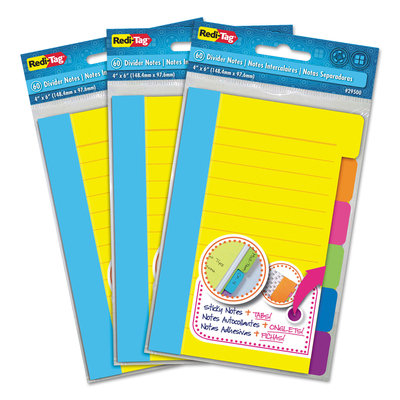 Redi-Tag 10245 Divider Sticky Notes With Tabs, Assorted Colors, 60 Sheets/Set, 3 Sets/Box