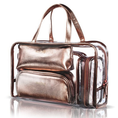 NiceEbag 5 in 1 Cosmetic Bag & Case Portable Carry on Travel Toiletry Bag Clear PVC Makeup Quart Luggage Pouch Handbag Organizer for Men and Women (Rose G