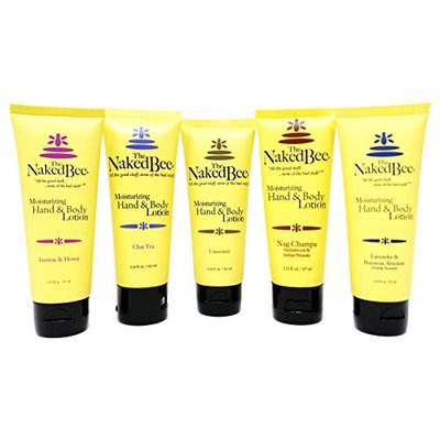 The Naked Bee Travel Size Floral Lotion Variety Pack of 5 – Unscented, Jasmin & Honey, Lavender & Beeswax Absolute, Chai Tea, and Nag Champa Sandalwood and Indian Massala (2.25 Fluid Ounce Bottles)