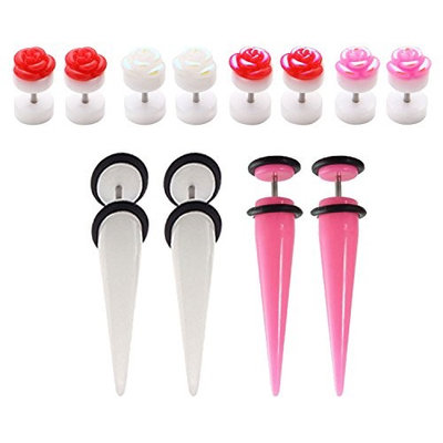 BodyJ4You 12PCS Fake Ear Tapers and Plugs Set Rose Flower Earring Screw Stud Cheater Gauges Jewelry
