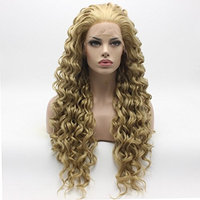 Lushy Kinky Curly Long Two Tone Blonde Mix Wig Heavy Density Half Hand Tied Heat Resistant Synthetic Lace Front Wig
