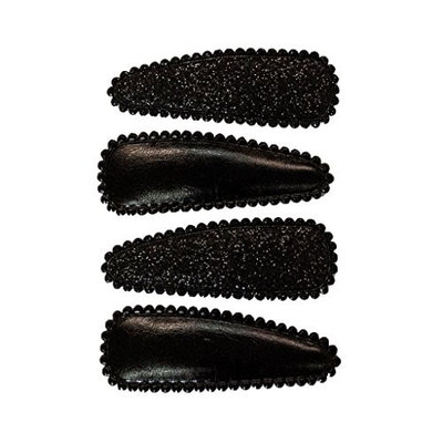 Mia Snip Snaps-Metal Contour Clips, Barrettes For The Hair Covered With Beautiful Material-2 Pretty Black Faux Leather & 2 Black Sparkly Glitter-Each Measures 2 Inches Long x .75