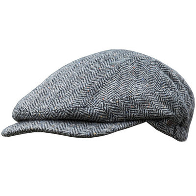 Men's Authentic Irish Wool Flat Cap - Traditional Herringbone Style, Made in Ireland, Gray, Medium