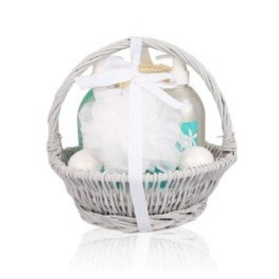 Ocean Breeze Wooden Gift Set Basket – 6pc Fresh Scented Bath & Body Kits for Women, Enhanced with Ylang-Ylang Essential Oil – Shower Gel, Bubbly Soak, Soap, Fizzer Bombs, Puff, Sponge