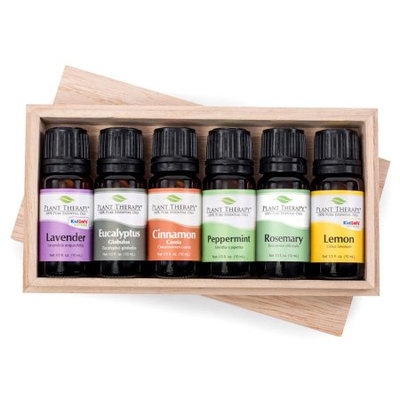 Essential oil sampler gift set in box (set #4). 6 - 10 ml ea. Includes 100% Pure, Undiluted, Therapeutic Grade Essential Oils of Lemon, Cinnamon Cassia, Peppermint Supreme, Eucalyptus Globulus and Lavender, Rosemary.