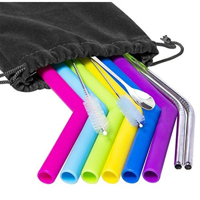 GSTECK Reusable Straws Silicone Stainless Steel Straws - Set of 10 Drinking 10.5 Inch 20 30oz Extra Long 1 Bar Spoon - for Tumblers Rumblers Cold Beverage (Multi-Color)