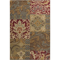 5.25' x 7.25' Feuille Patchwork Olive Green and Burgundy Shed-Free Rectangular Throw Rug