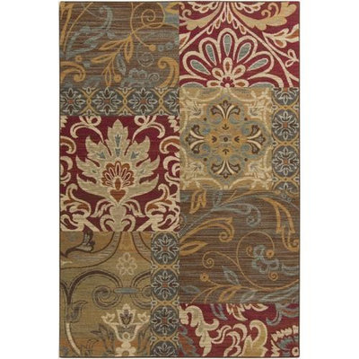5.25' x 7.25' Feuille Patchwork Olive Green and Burgundy Shed-Free Rectangular Throw Rug