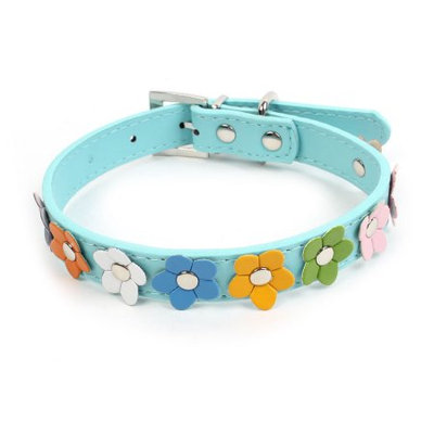Single Prong Buckle Flower Accent Pet Dog Neck Collar Belt Blue Size M