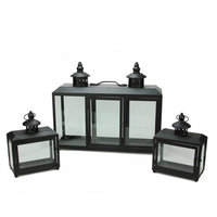 Set of 3 Decorative Black Wide Colonial Design Glass Pillar Candle Lanterns 7.75
