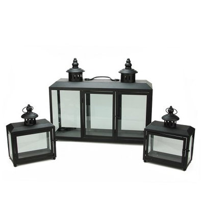 Set of 3 Decorative Black Wide Colonial Design Glass Pillar Candle Lanterns 7.75