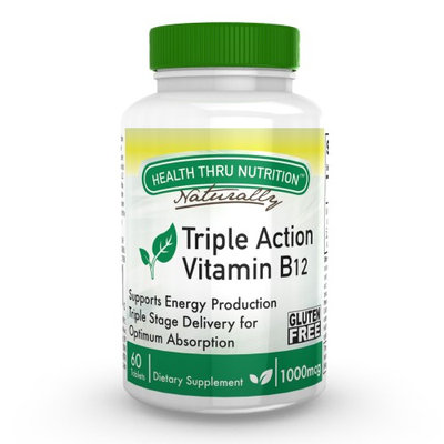Health Thru Nutrition Vitamin B-12 - Triple Action - Sustained Release for Extreme Retention - Releases at three different points of digestion (mouth, stomach, intestines) (1,000 mcg of Vitamin B-12 / 60 Tablets)