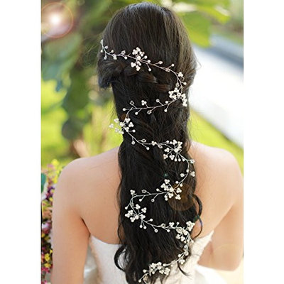 Missgrace Bridal Extra Long Hair Vine Wedding Headpiece with Beads Rhinestones and Flowers Floral Hair Vine Hair jewelry Wedding Hair Accessories for Bride,Women,Flower Girl, Girls(39.4 Inches)