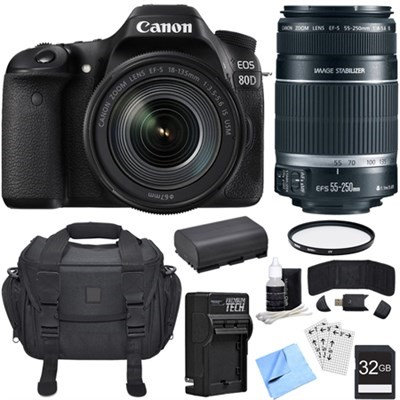 Canon EOS 80D CMOS DSLR Camera w/ EF-S 18-135mm Lens + 55-250mm Telephoto Lens Bundle