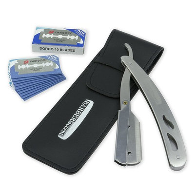 Barber Accent | Professional Straight Edge Razor, Durable Stainless Steel Blade for Close Comfortable Shaves, Includes 20 Blades and Genuine Leather Carrying Case (Black)