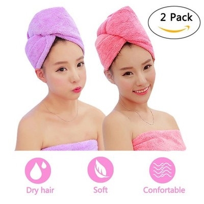 ADOGO Hair Towels Wrap 2 Pack,Microfiber Hair Towel Twist Cap Soft Absorbent Quickly Dry Hair Turban for Kids and Women (Pink+Purple)
