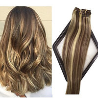 Labetti Clip in Human Hair Extensions 7 Pieces Per Set Medium Brown with Blonde Highlights Silky Straight Soft Weft Remy Hair (15 Inches, 4-613)