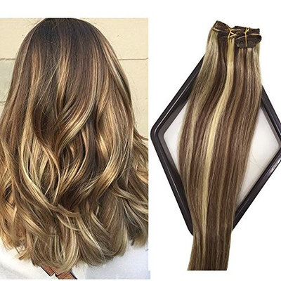 Labetti Clip in Human Hair Extensions 7 Pieces Per Set Medium Brown with Blonde Highlights Silky Straight Soft Weft Remy Hair (15 Inches, 4-613)