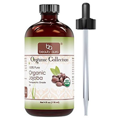 Beauty Aura Organic Jojoba Oil - 4 fl oz (118 ml) - USDA Certified Organic