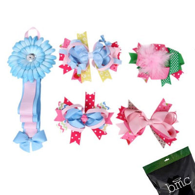 Bundle Monster 5 pc Baby Girls Variety Ribbon Hair Clip Accessory Holder - Set 1