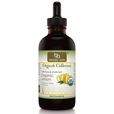 Beauty Aura 100% Organic Lemon Essential Oil 2 oz - Made from Real Lemon peels - Ideal for Aromatherapy Diffuse, Skin Care, Hair Care & for DIY Cleaning Products for Wood