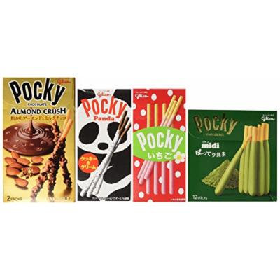 Japan Pocky Stick with Tastes of Almond Chocolate, Green Tea Chocolate, Sweet Strawberry, and White Chocolate (Pack of 4 Flavor)
