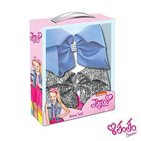 JoJo Siwa Signature Collection Hair Bow Two Piece Box Set - Silver Sequin and Vista Blue with Rhinestone Keeper