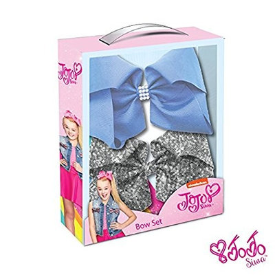 JoJo Siwa Signature Collection Hair Bow Two Piece Box Set - Silver Sequin and Vista Blue with Rhinestone Keeper