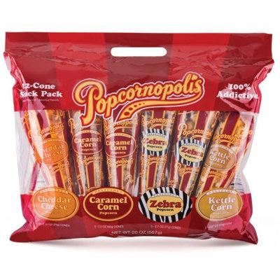 BPC1025968 Popcornopolis Mini Cone 4 Flav Snack Pack #1 - 6x20 Oz