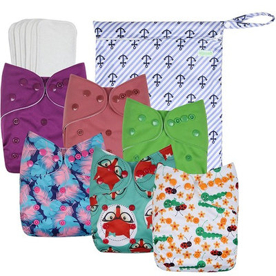 Wegreeco Washable Reusable Baby Cloth Pocket Diapers 6 pack + 6 Bamboo Inserts(with1wet bag,Girl Prints)