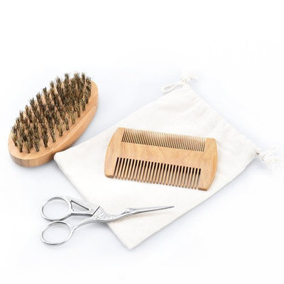 Pretty See Boar Bristle Beard Brush and Beard Trimming Scissors Set Beard Grooming and Trimming Kit Sandalwood Beard Comb with Carrying Bag and Gift Box, 3 in 1