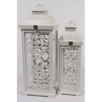 Kaemingk Set of 2 L'Eau de Fleur Distressed White Wood Pillar Candle Lanterns 24.5