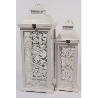 Kaemingk Set of 2 L'Eau de Fleur Distressed White Wood Pillar Candle Lanterns 24.5