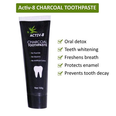Activ-8 Activated Charcoal Toothpaste (100g) and Bamboo Toothbrush Teeth Whitening Kit. Eliminates bad breath, Prevents tooth decay, Removes smoke and coffee stains, Vegan, Fluoride Free, Mint Flavour