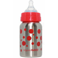 Organickidz Nine Ounce Wide Mouth Stainless Steel Baby Bottle in Red Dots