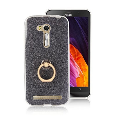 Moonmini Asus ZenFone Go ZB452KG 4.5 inch. Case Cover Sparkling Slim Fit Soft TPU Back Case Cover with Ring Grip Stand Holder 2 in 1 Hybrid Glitter Bling Bling TPU phone Case Cover (Black)