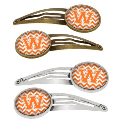 Letter W Chevron Orange and White Set of 4 Barrettes Hair Clips CJ1046-WHCS4