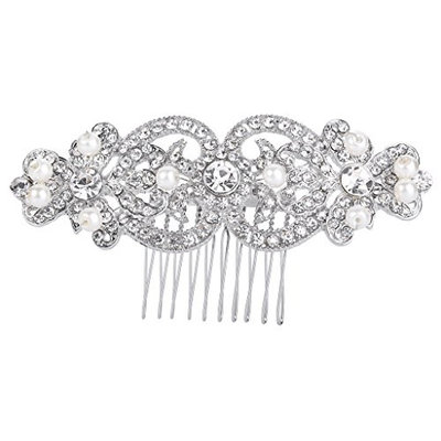 FANZE Women's Austrian Crystal Cream Simulated Pearl Heart Shape Flower Vine Romantic Bridal Side Comb