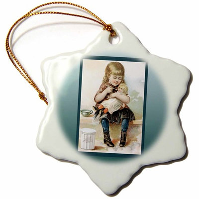 3dRose Eagle Brand Little Girl Feeding Her Doll Baby, Snowflake Ornament, Porcelain, 3-inch