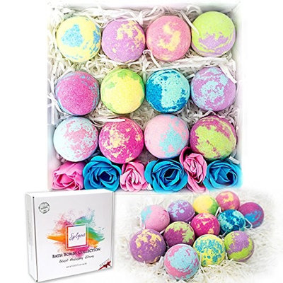 Bath Bombs Moisturizing Set of 12 Gift Pack, a Free Gift of 6 Rose Soaps inside, Handmade XL 3.5oz Individually Wrapped Jumbo Essential Oil Fizzy Unicorn Eggs, Scented Detox Fizz Balls