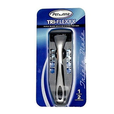 Men's Personna Tri-Flexxx Razor Blade Handle w/ 2 cartridges + FREE Travel Toothbrush, Color May Vary