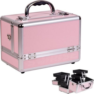 10 inch Pink w/Silver Trim Aluminum 6 Extended Trays Professional Makeup Carry on Tote Cosmetic Case Travel Beauty Tool Organizer + Shoulder Strap
