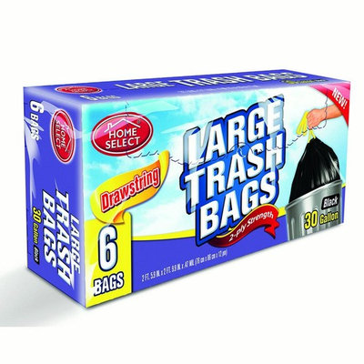 Home Select Drawstring Trash Bags, Extra Large Trash Bags, Black, 30 gallon, 6 Ct