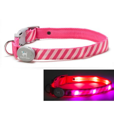 Dog-e-glow Light Up LED Dog Collar - Patented Light Up Durable Glowing Collar for Puppies and Dogs - by Dog e Glow (Pink Stripes, Large 15