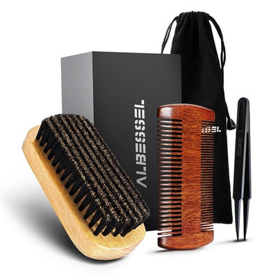 Beard Brush & Comb Set For Style Beard and Hair - 100% Black Boar Bristles and Sandalwood, Tweezer for Clearing Out the Matted Hair in the Brush