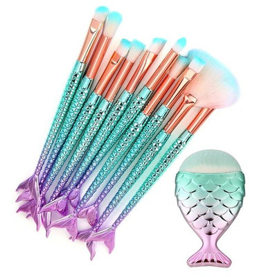 BUSKY Mermaid Makeup Brushes Set 11pcs 2018 NEW Mermaid Plastic Handle High Density Soft Nylon Bristles Eyebrow Eyeliner Eyeshadow Bottom Blush Brushes