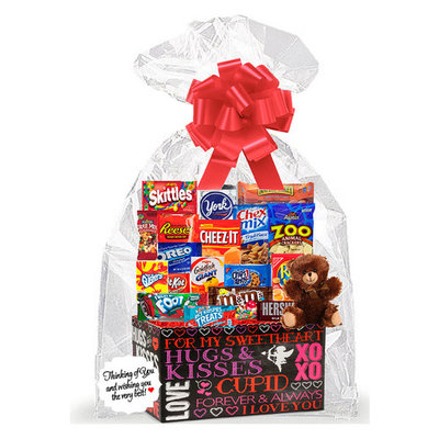 Happy Valentine's Day Sweet Heart Birthday Anniversary Mothers / Fathers Day Hugs & Kisses Thinking Of You Cookies, Candy & More Care Package Snack Gift Box Bundle Set with Plush Bear