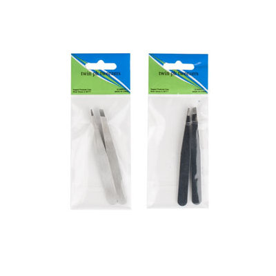 Dollaritemdirect TWEEZER TWIN PK W/SLANT & POINT STNLS SILVER/BLACK 12PC MDSGSTRP, Case Pack of 48