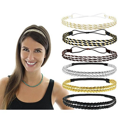 Beaute Galleria - Bundle 6pcs Stretchy Elastic Non Slip Braided Plaited Women Headbands Hair Bands with Double Braided (3pcs) n Triple Strand Twisted (3pc) Hippie Boho Bohemian Style