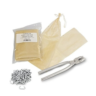 Salami Sausage Casing Kit, Tied and Looped 76mm (3”) Dia. x 24” Clear, Meat-Cling, Fibrous Casings (20ct) with Sausage Pliers and Casing Rings